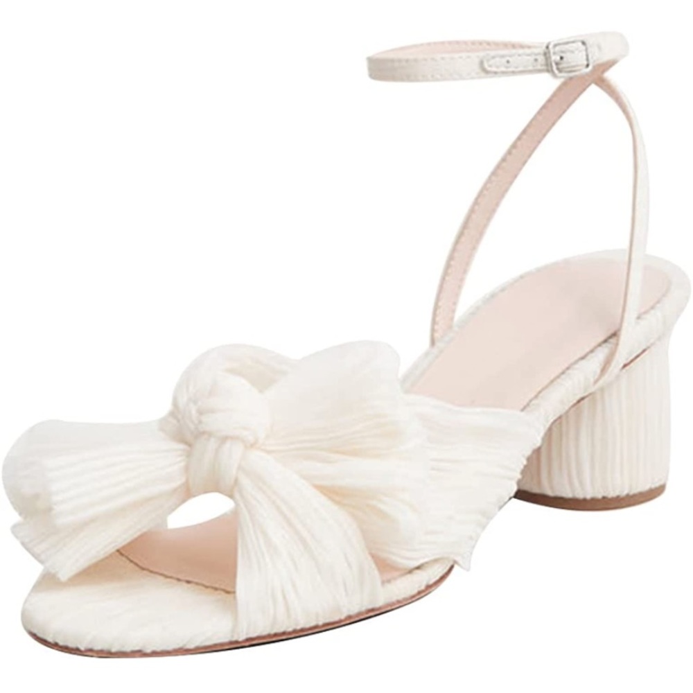 Elegant Cream Knot Detail Ankle-Strap Block Heel Sandal